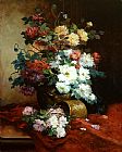 Eugene Henri Cauchois Roses and Dahlias painting